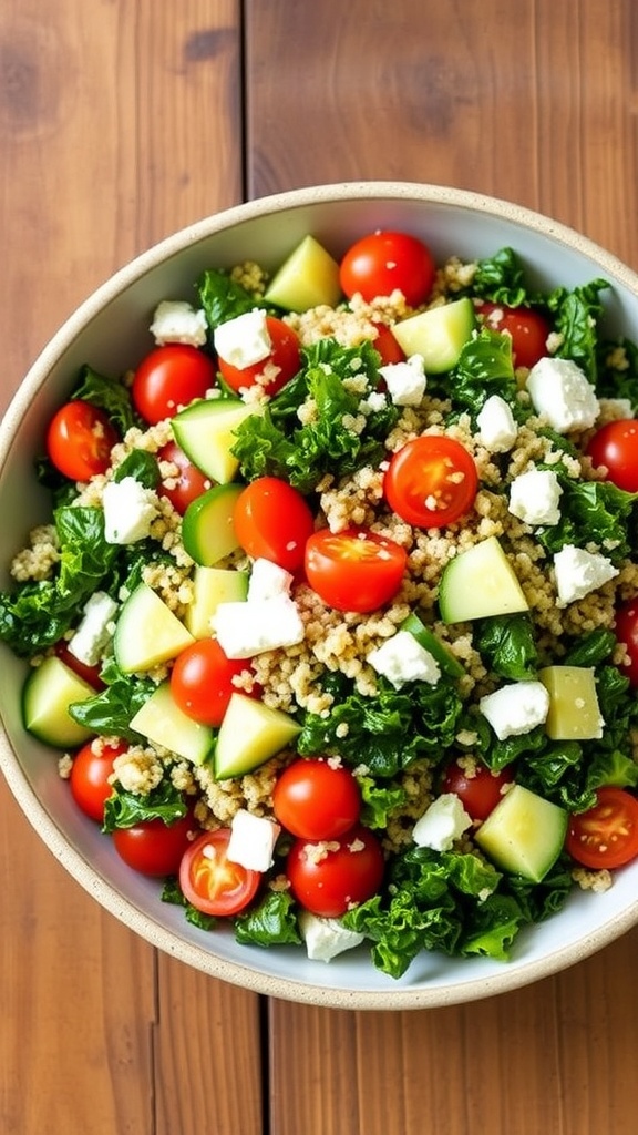 A vibrant kale and quinoa salad with cherry tomatoes, cucumber, and feta cheese on a wooden table.